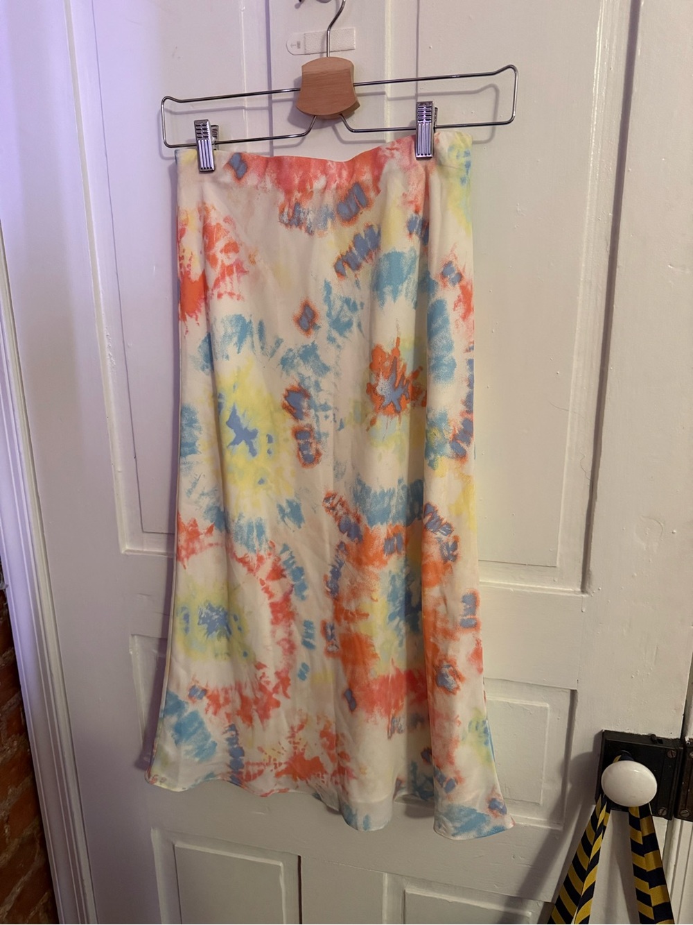 Socialite Cream Tie-Dye Midi Skirt with Blue, Orange, and Yellow